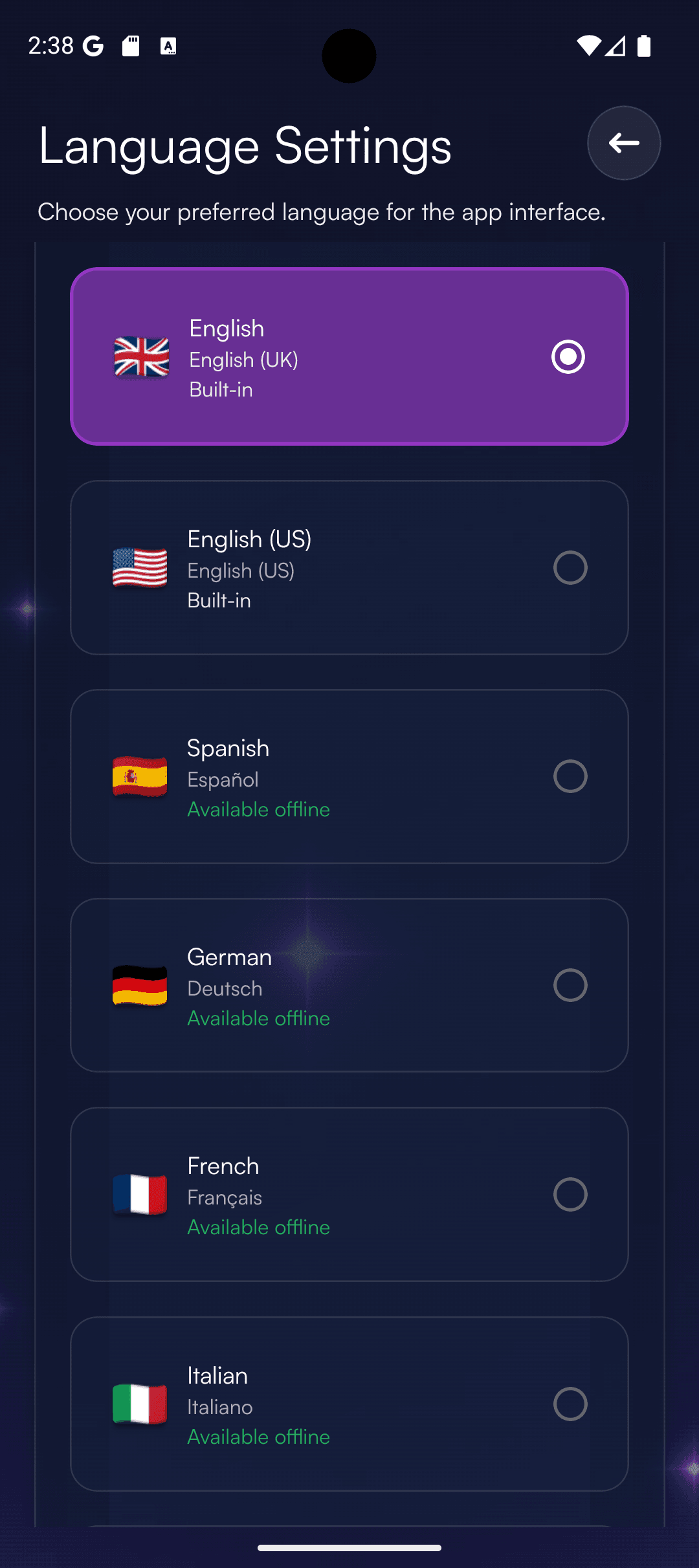 Language settings list with offline availability