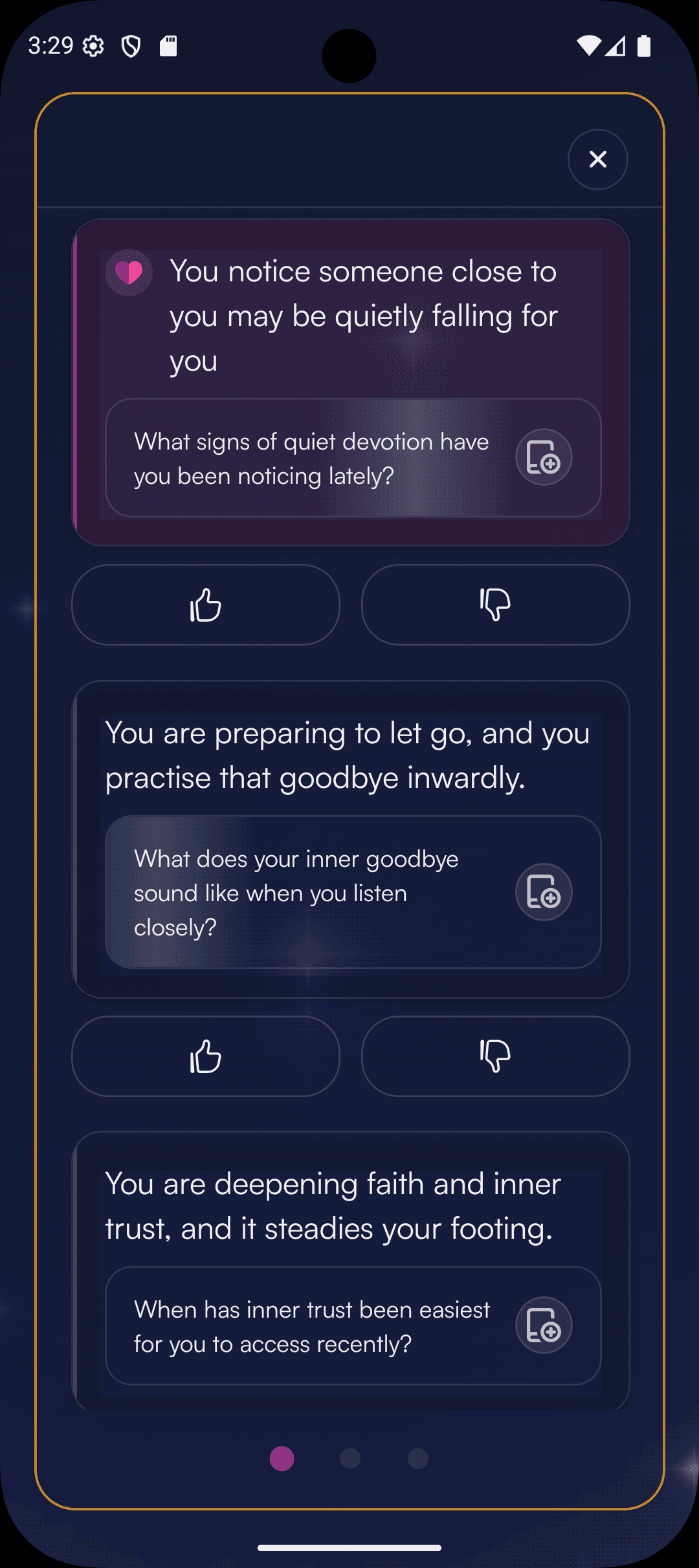Reading screen with insight, reflection question, and feedback buttons