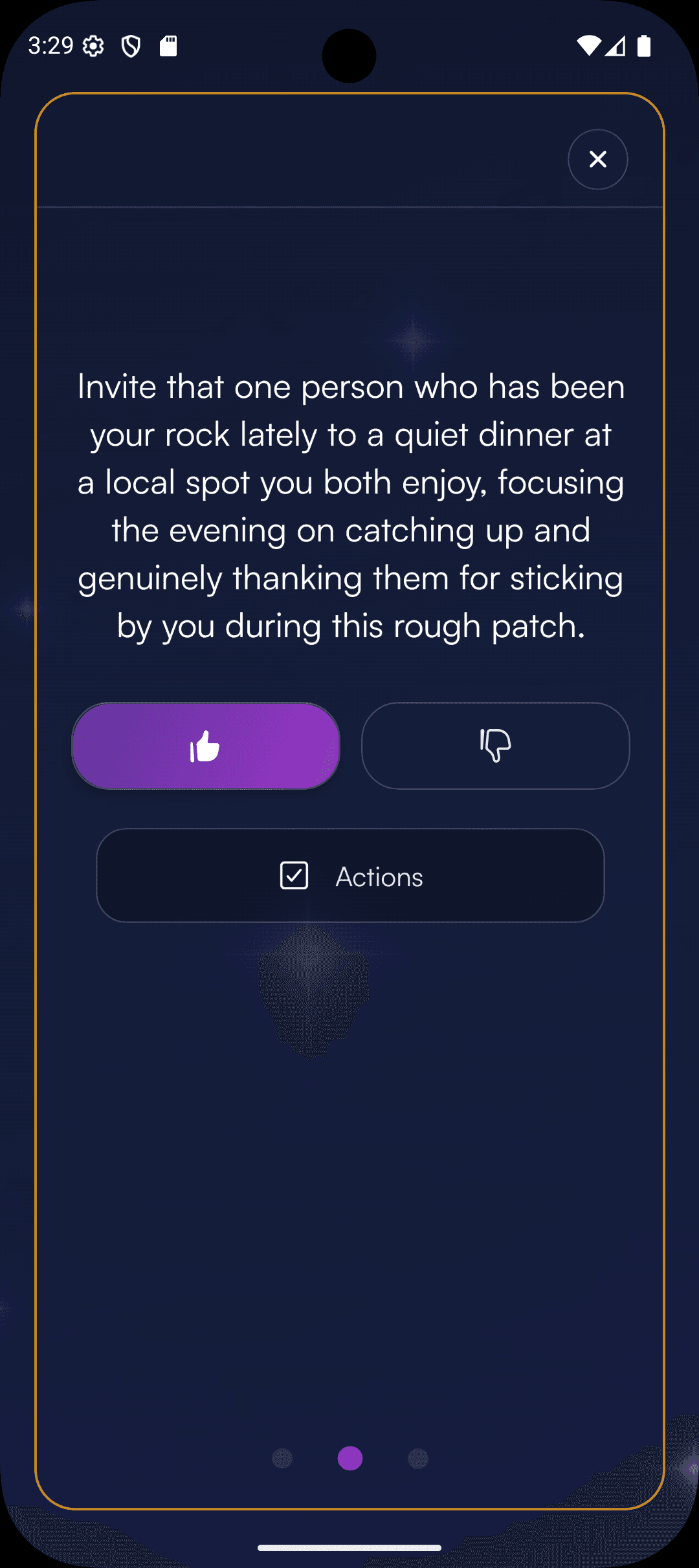 Daily action card with thumbs feedback